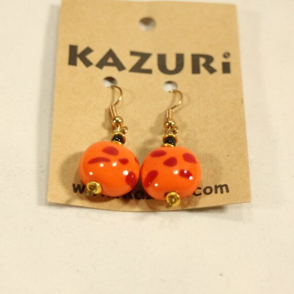 KAZURI Handmade Beaded Orange w/Red Polka Dot Earrings PAIR Sz OS